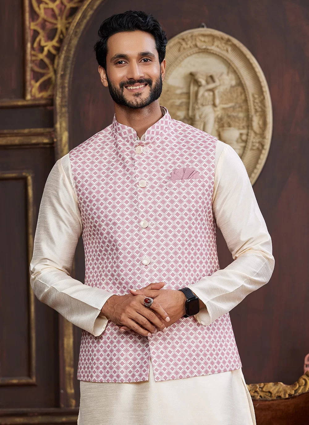 Raivat Ethnic Art Silk Digital Print Work Jacket Set In Pink and Beige Colour