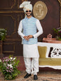 Raivat Ethnic Art Silk Digital Print Work Jacket Set In Sky Blue Colour