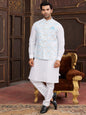 Raivat Ethnic Art Silk Digital Print Work Jacket Set In Sky Blue Colour