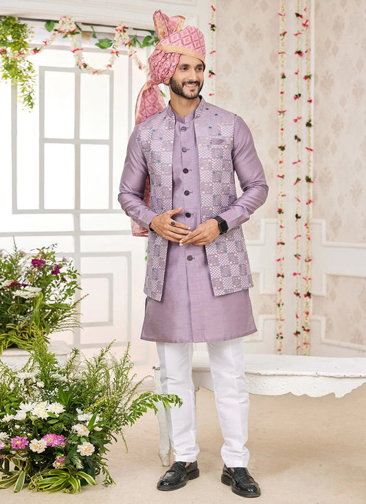 Raivat Ethnic Art Silk Embroidery Work Jacket Set In Onion Pink Colour