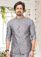 Raivat Ethnic Art Silk Embroidery Work Jacket Set In Dark Grey Colour