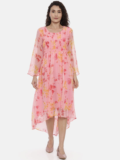 Souchii Pink Floral Printed A-Line Dress For Women