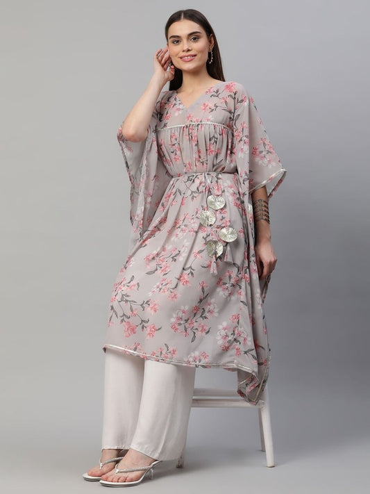 Ahalyaa Women Grey Georgette Floral Printed Kaftan Kurta