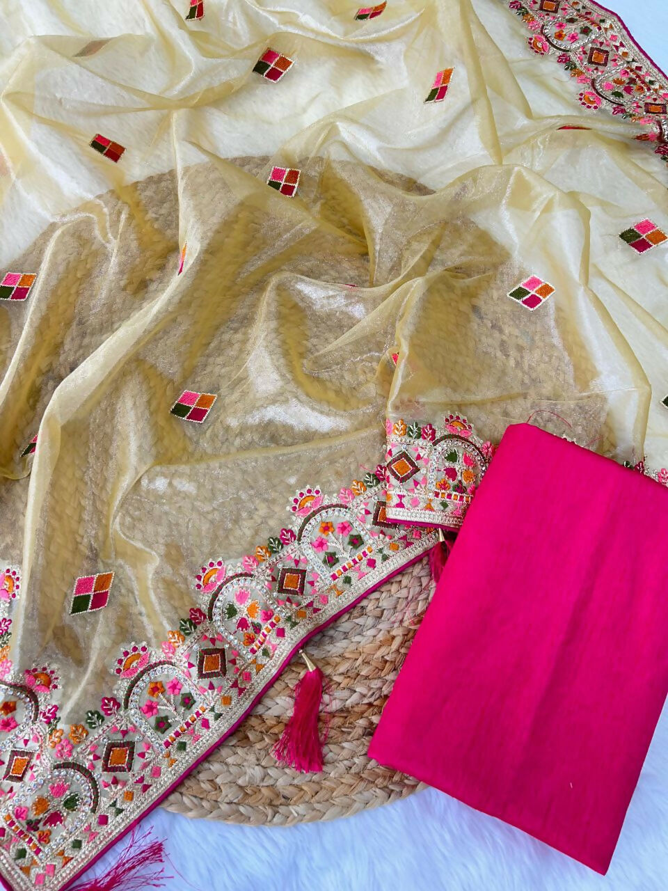 Vastranavya Twill Net Designer Embroidery & Colour Thread & Diamond work Saree with Blouse Material - Yellow
