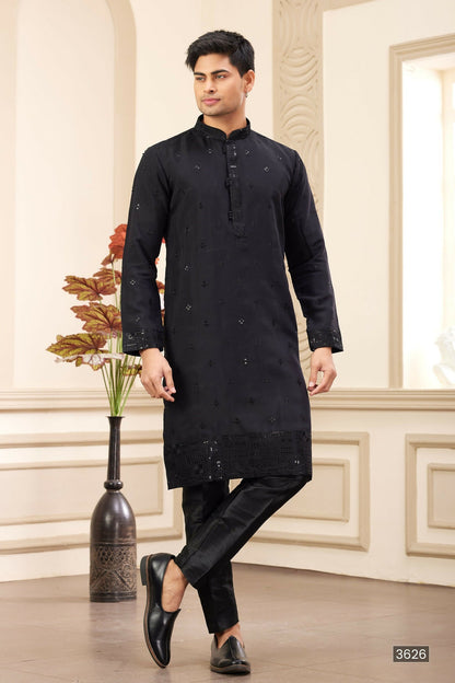 Raivat Ethnic Men's Art Silk Thread Work Kurta Pyjama In Black Colour
