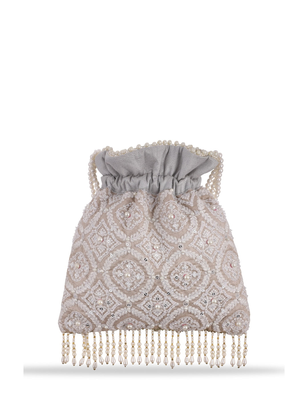 Masq Tan & White Embroidered Potli Clutch