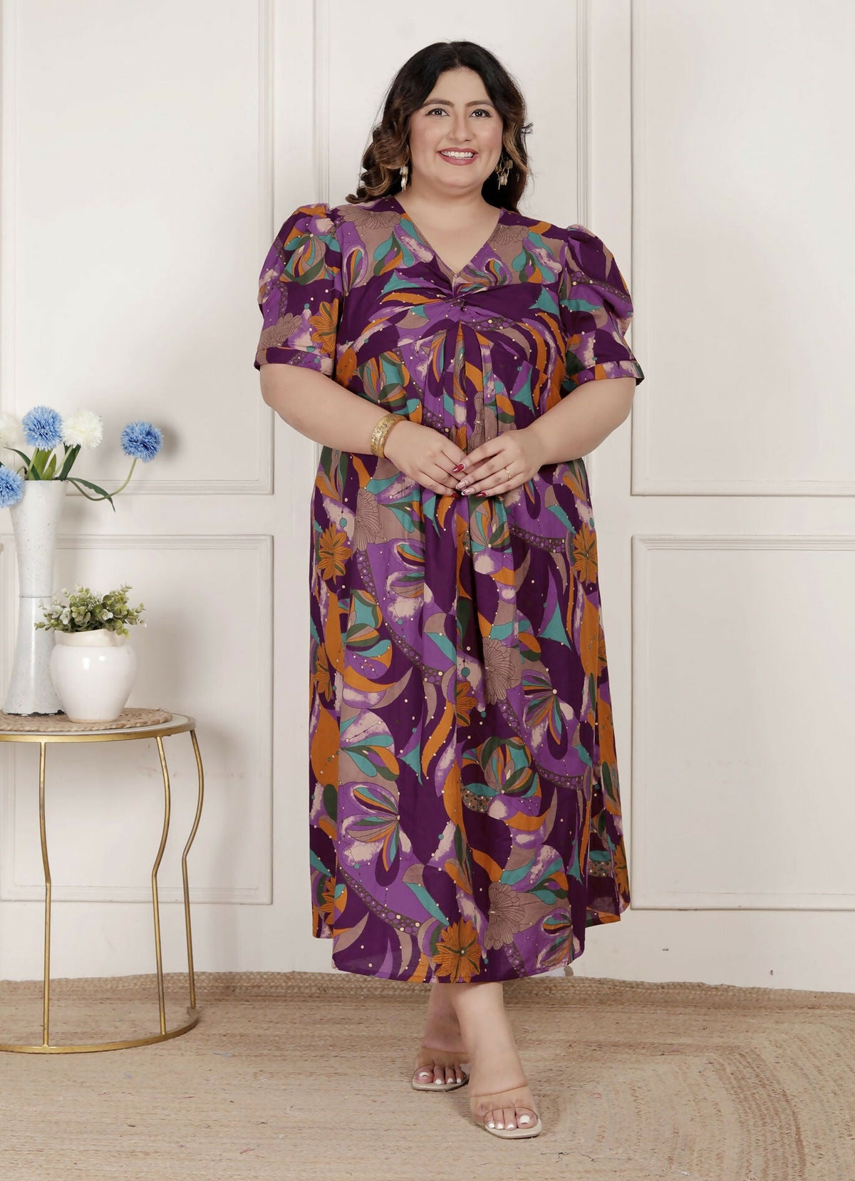 Miravan Womens Plus Size Floral Print Puff Sleeve Pure Cotton Magenta Butterfly Maxi Dress
