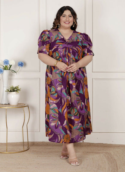 Miravan Womens Plus Size Floral Print Puff Sleeve Pure Cotton Magenta Butterfly Maxi Dress