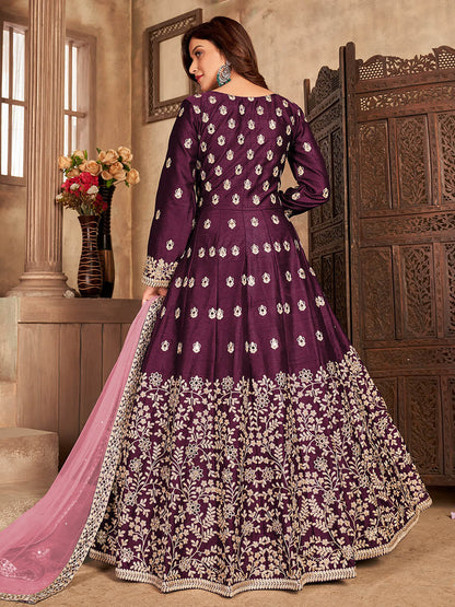 Myra Wine Art Silk Embroidered Anarkali Suit