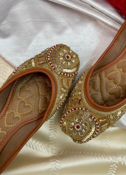 Desi Colour Women Indian Ethnic Footwear-Gold Red Dabka