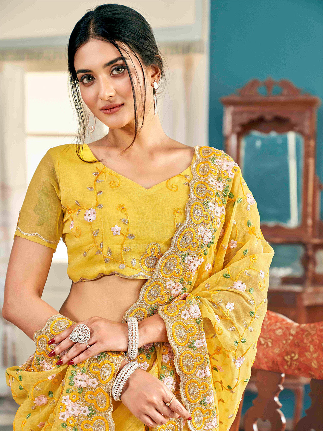 Tikhi Imli Yellow Ethnic Motifs Beads and Stones Embroidered Saree