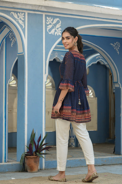 Juniper Indigo Georgette Festive Printed Flared Tunic For Women