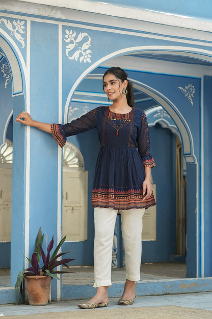 Juniper Indigo Georgette Festive Printed Flared Tunic For Women