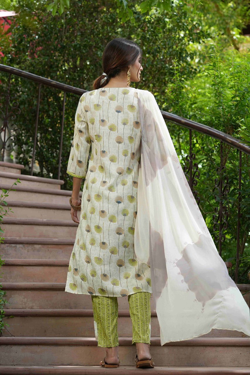 Juniper Green Rayon Casual Wear Printed Straight Kurta Pant Dupatta Set