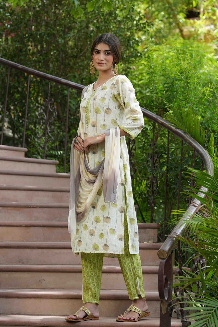 Juniper Green Rayon Casual Wear Printed Straight Kurta Pant Dupatta Set