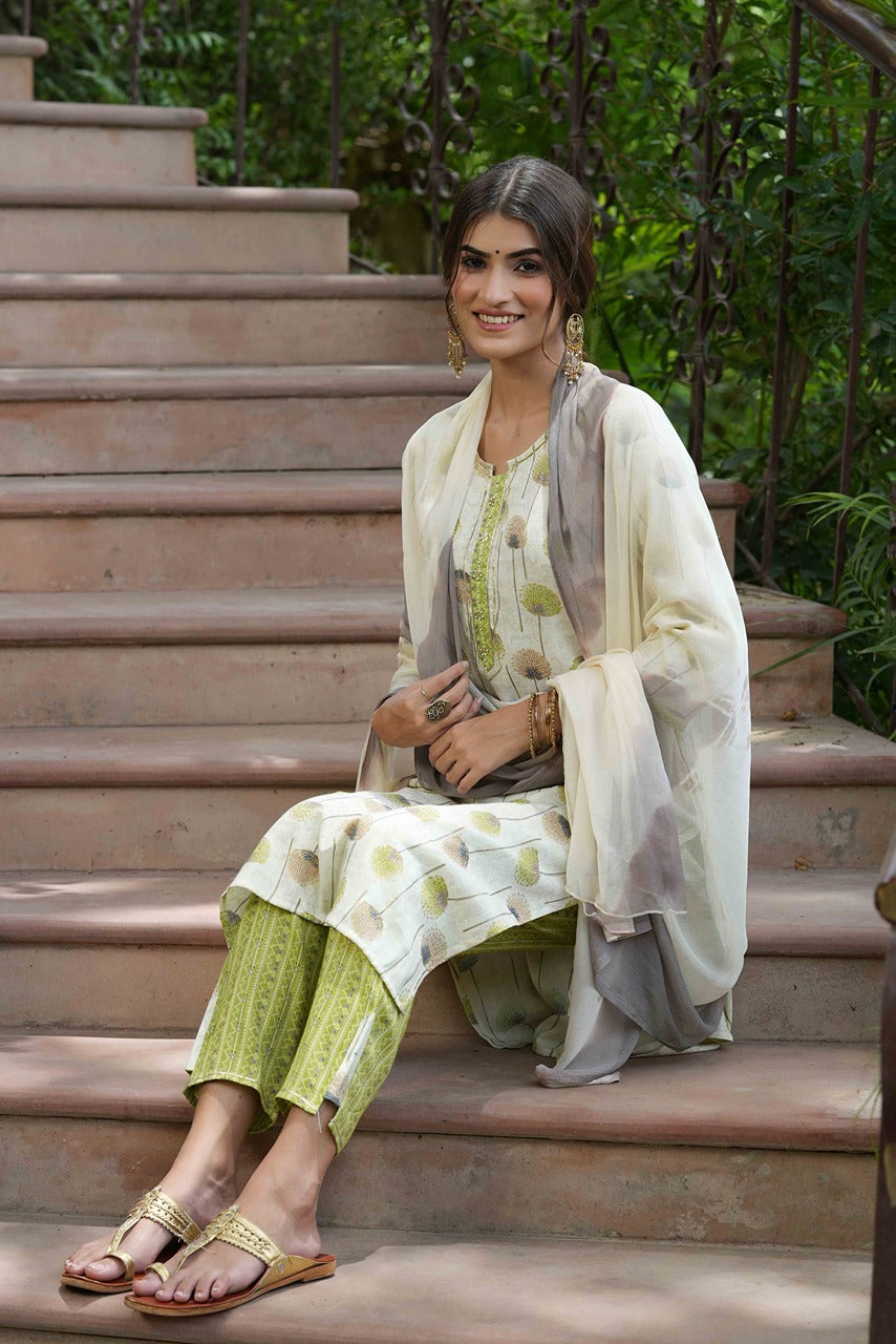 Juniper Green Rayon Casual Wear Printed Straight Kurta Pant Dupatta Set