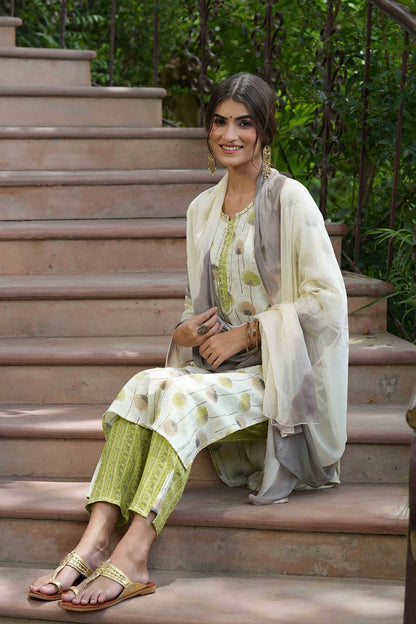 Juniper Green Rayon Casual Wear Printed Straight Kurta Pant Dupatta Set