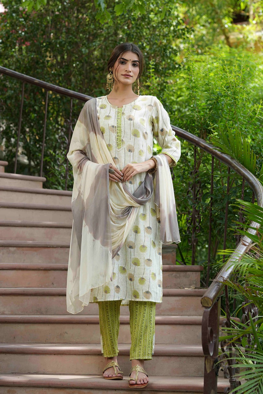 Juniper Green Rayon Casual Wear Printed Straight Kurta Pant Dupatta Set