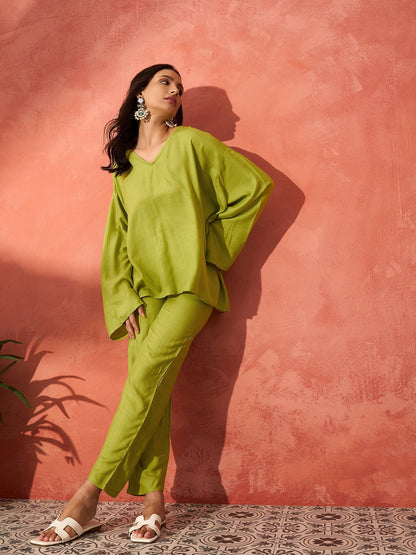 InWeave Pear Green Solid Boho Full Sleeve Co Ord Set