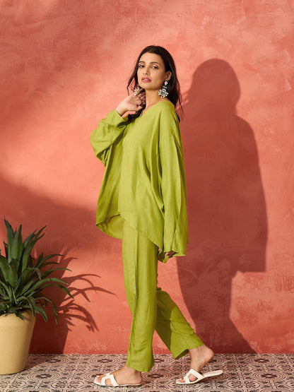 InWeave Pear Green Solid Boho Full Sleeve Co Ord Set