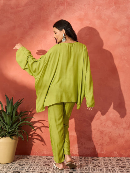 InWeave Pear Green Solid Boho Full Sleeve Co Ord Set