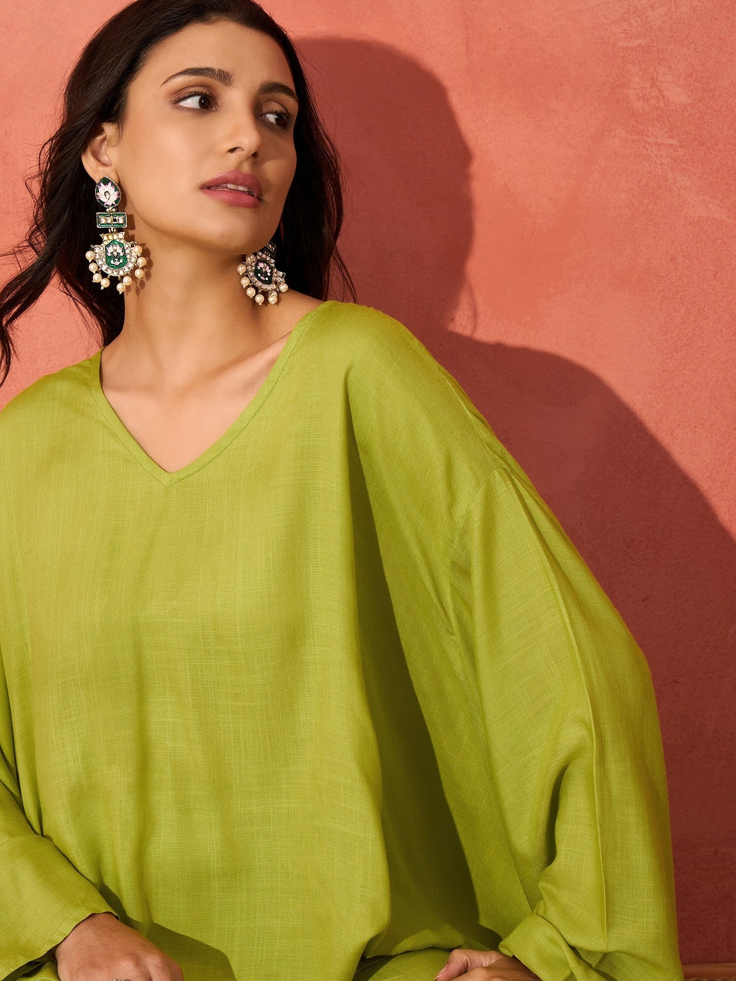 InWeave Pear Green Solid Boho Full Sleeve Co Ord Set