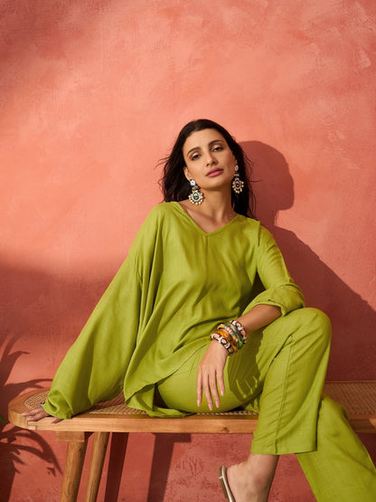 InWeave Pear Green Solid Boho Full Sleeve Co Ord Set