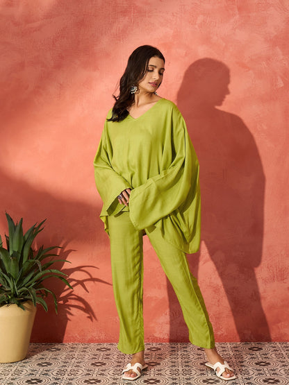 InWeave Pear Green Solid Boho Full Sleeve Co Ord Set