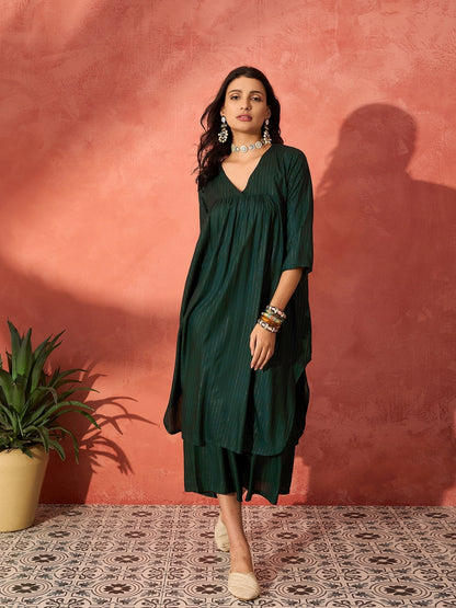 InWeave Pine Green Lurex Flared V Neck Kurta Palazzo Set