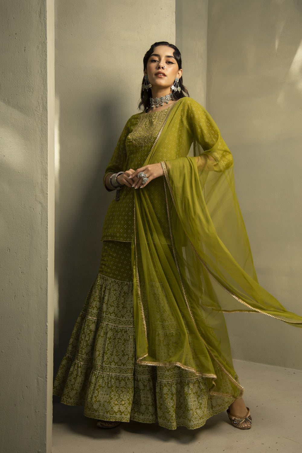 Juniper Green Georgette Festive Embroidered Printed Straight Skd For Women