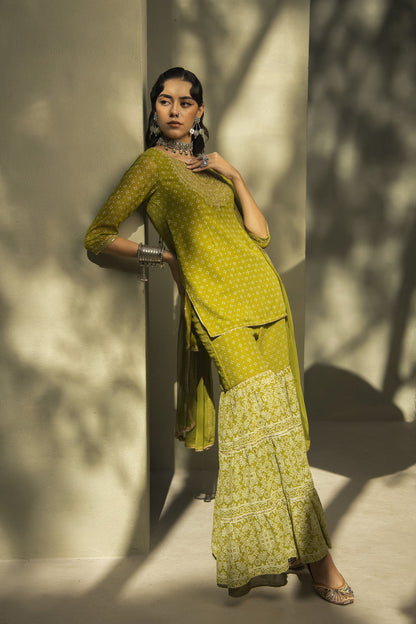 Juniper Green Georgette Festive Embroidered Printed Straight Skd For Women