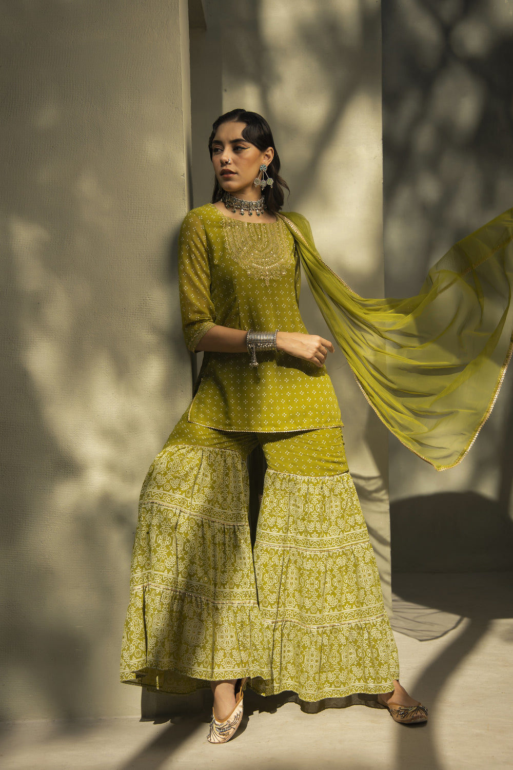 Juniper Green Georgette Festive Embroidered Printed Straight Skd For Women