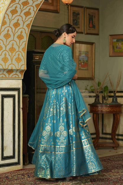 Juniper Teal Santoon Slub Festive Foil Printed Straight Lehnga Choli Set For Women