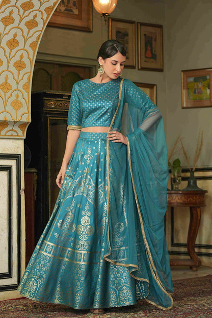Juniper Teal Santoon Slub Festive Foil Printed Straight Lehnga Choli Set For Women
