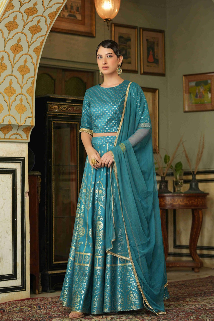 Juniper Teal Santoon Slub Festive Foil Printed Straight Lehnga Choli Set For Women