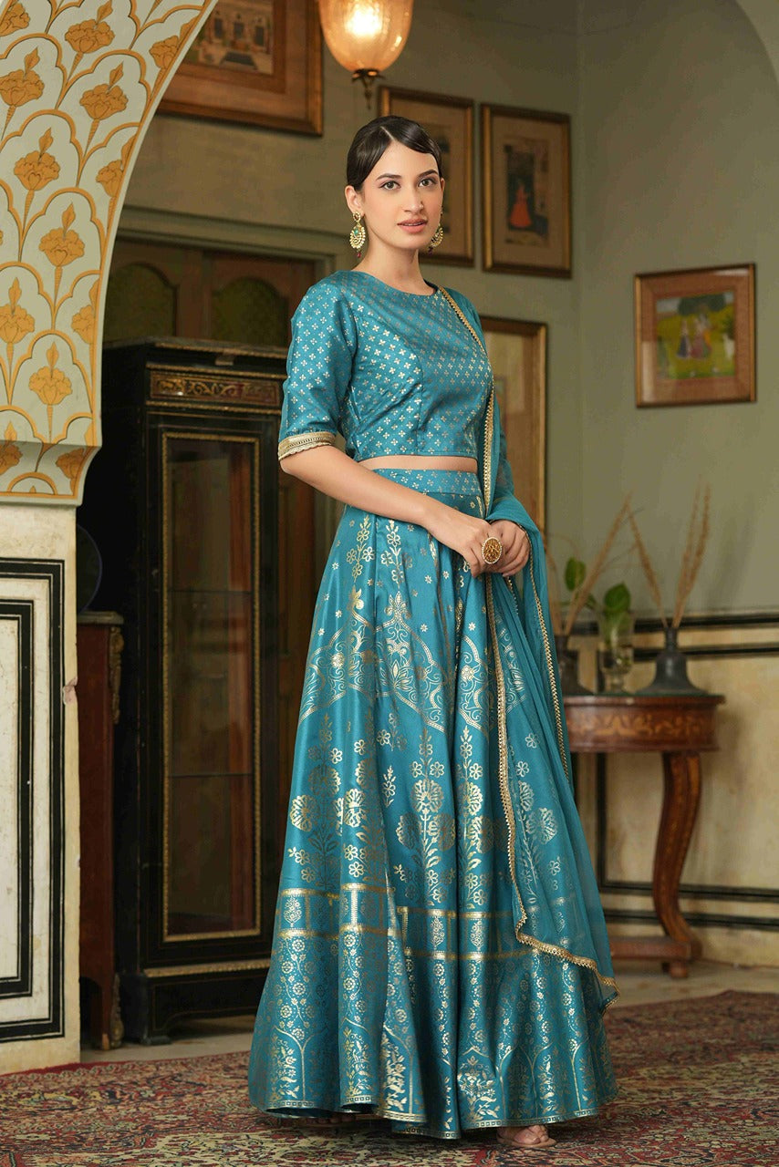 Juniper Teal Santoon Slub Festive Foil Printed Straight Lehnga Choli Set For Women
