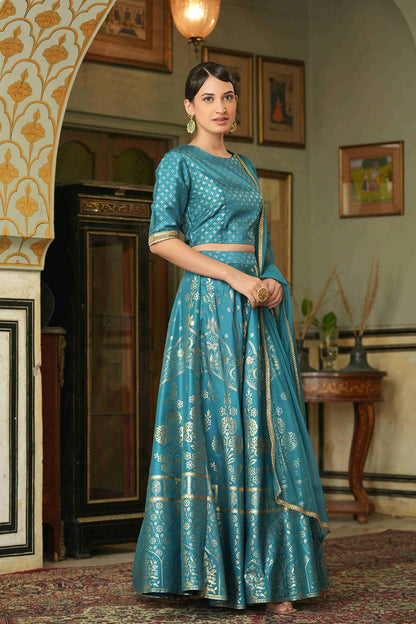 Juniper Teal Santoon Slub Festive Foil Printed Straight Lehnga Choli Set For Women