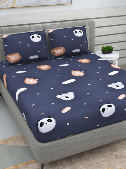 DREAM WEAVERZ Navy Blue & White Conversational Glazed Cotton 220 TC King Bedsheet with 2 Pillow Covers