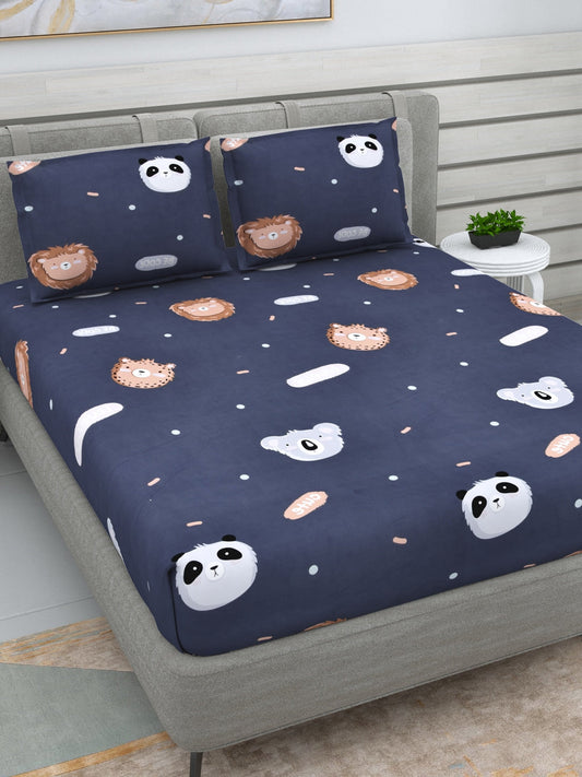 DREAM WEAVERZ Navy Blue & White Conversational Glazed Cotton 220 TC King Bedsheet with 2 Pillow Covers