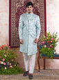 Raivat Ethnic Banarasi Jacquard Embroidery Indo Western Sherwani In Green Colour