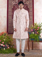 Raivat Ethnic Banarasi Jacquard Embroidery Indo Western Sherwani In Pink Colour