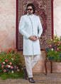 Raivat Ethnic Banarasi Jacquard Embroidery Indo Western Sherwani In Sky Blue Colour