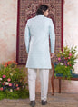 Raivat Ethnic Banarasi Jacquard Embroidery Indo Western Sherwani In Sky Blue Colour
