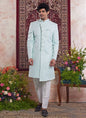 Raivat Ethnic Banarasi Jacquard Embroidery Indo Western Sherwani In Green Colour