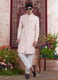 Raivat Ethnic Banarasi Jacquard Embroidery Indo Western Sherwani In Light Orange Colour