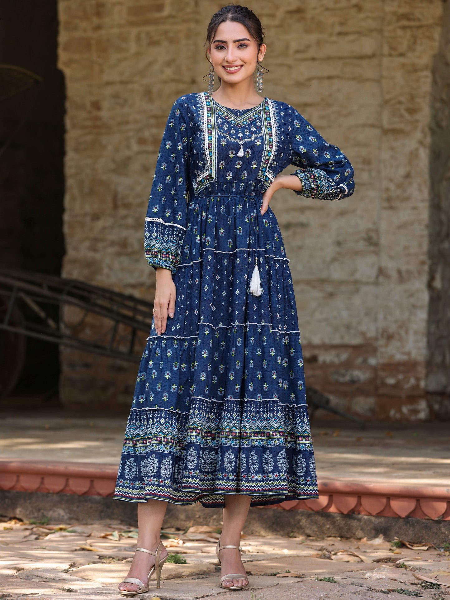 Juniper Women's Navy Blue Ethnic Motif Printed Pure Cotton Tiered Maxi Dress