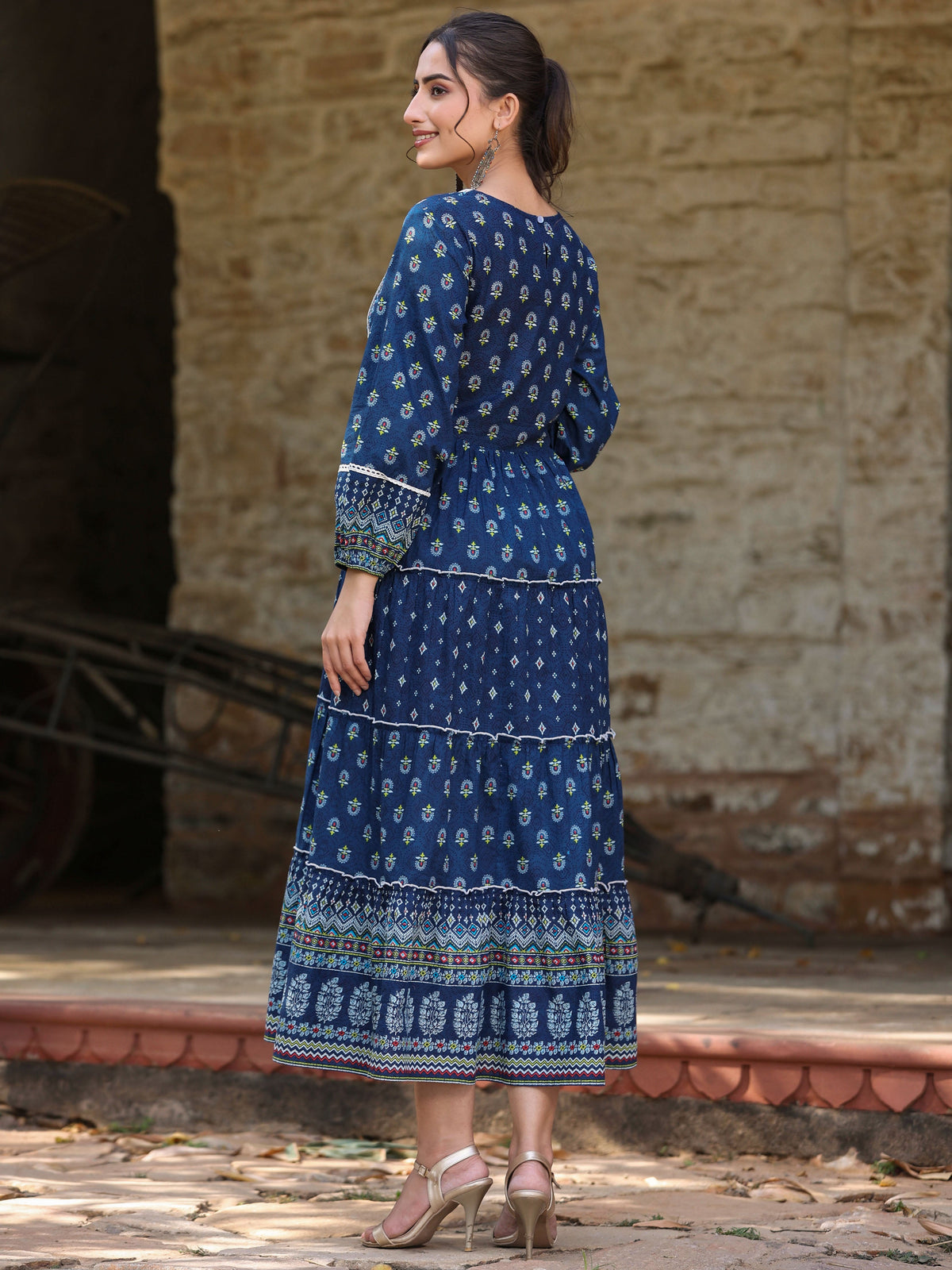 Juniper Women's Navy Blue Ethnic Motif Printed Pure Cotton Tiered Maxi Dress