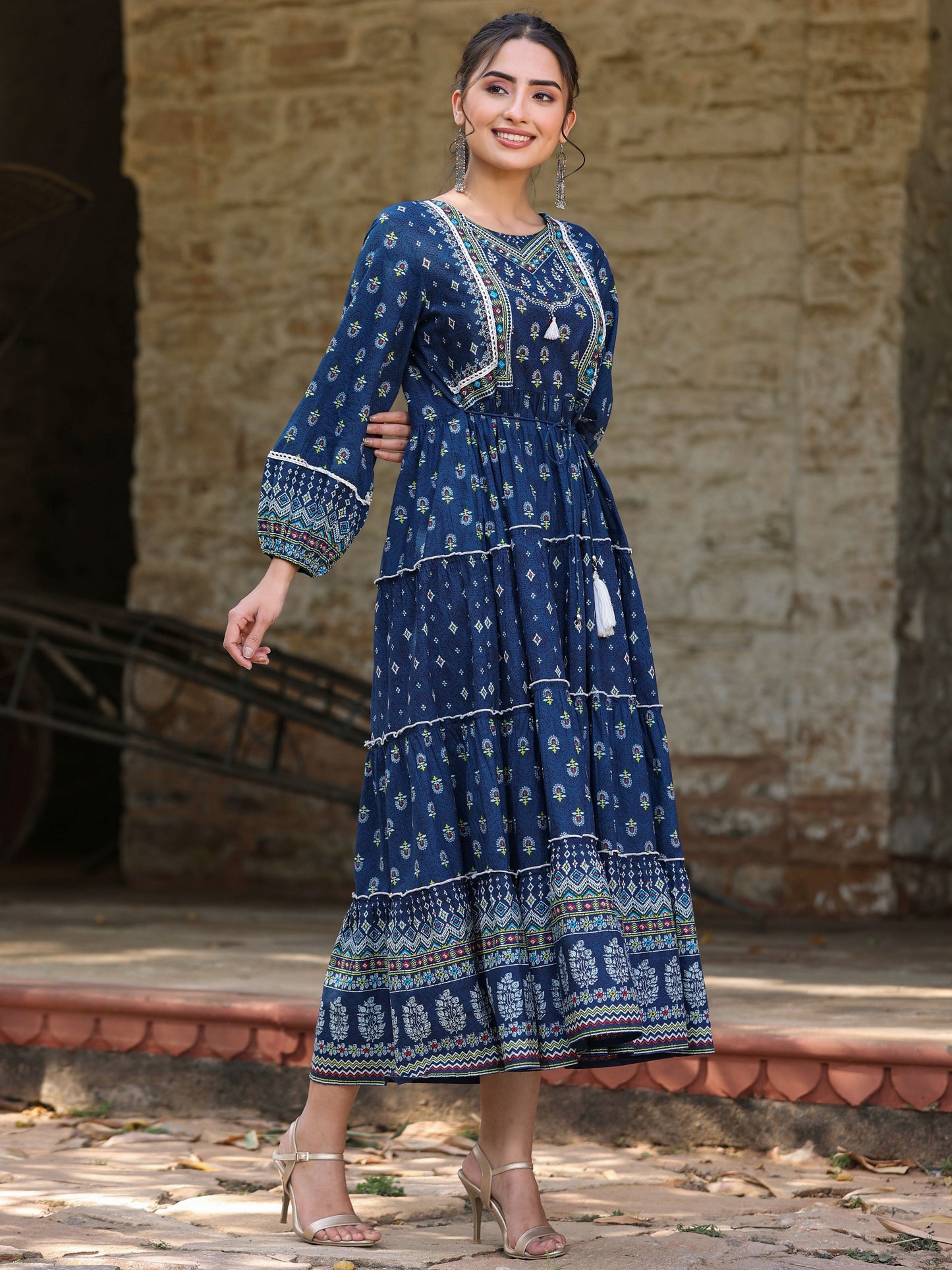 Juniper Women's Navy Blue Ethnic Motif Printed Pure Cotton Tiered Maxi Dress