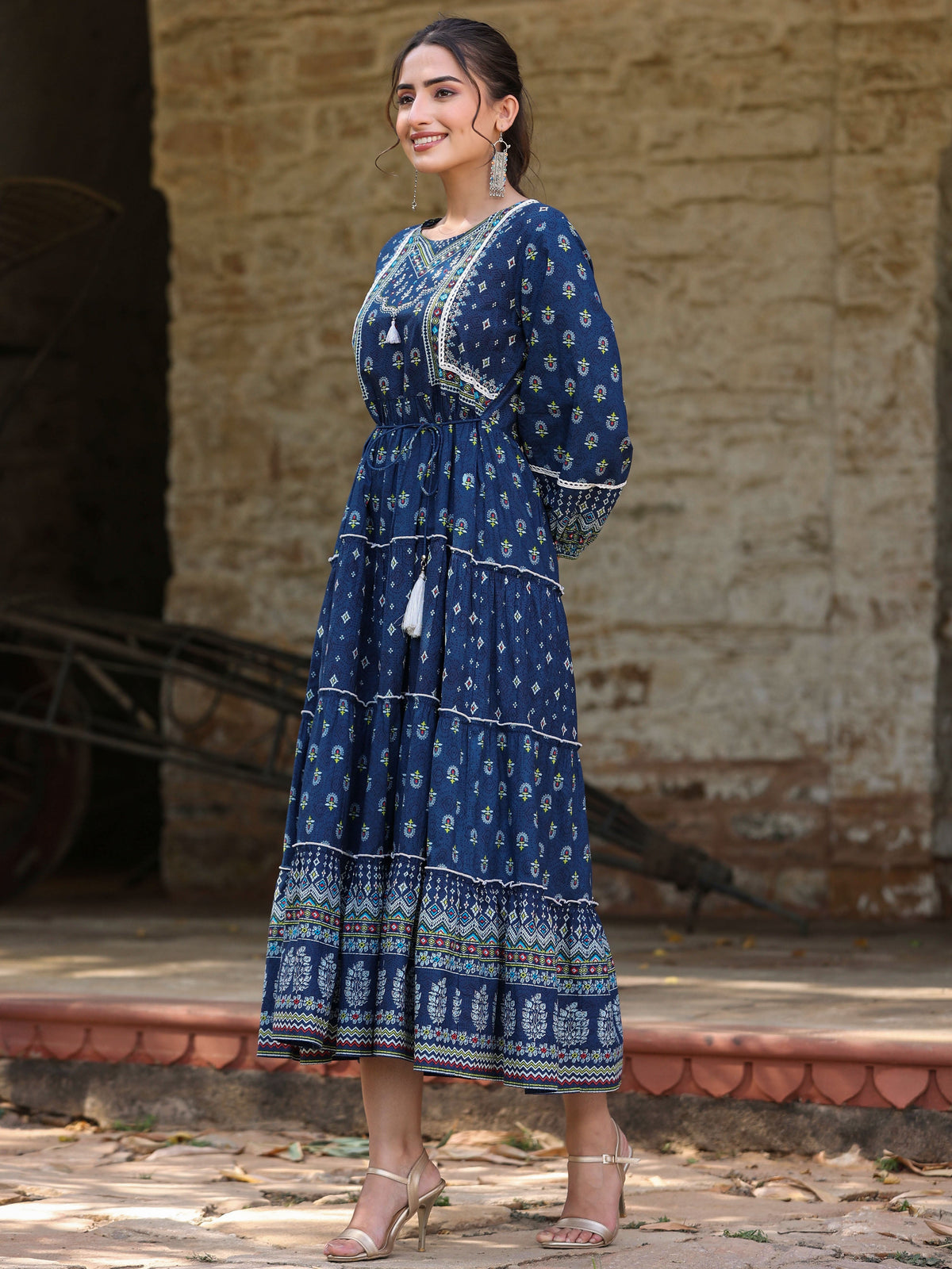 Juniper Women's Navy Blue Ethnic Motif Printed Pure Cotton Tiered Maxi Dress