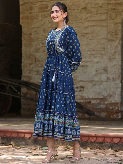 Juniper Women's Navy Blue Ethnic Motif Printed Pure Cotton Tiered Maxi Dress